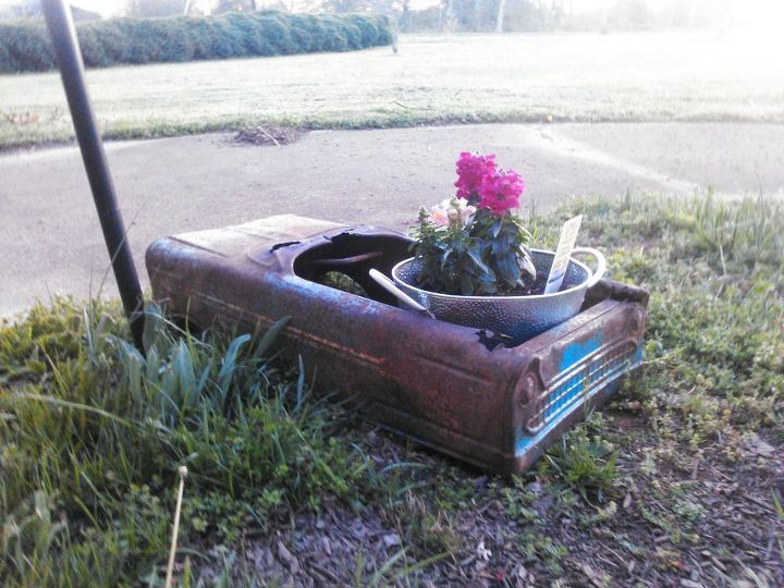 new life for vintage murray tee bird pedal car, container gardening, gardening, outdoor living, repurposing upcycling