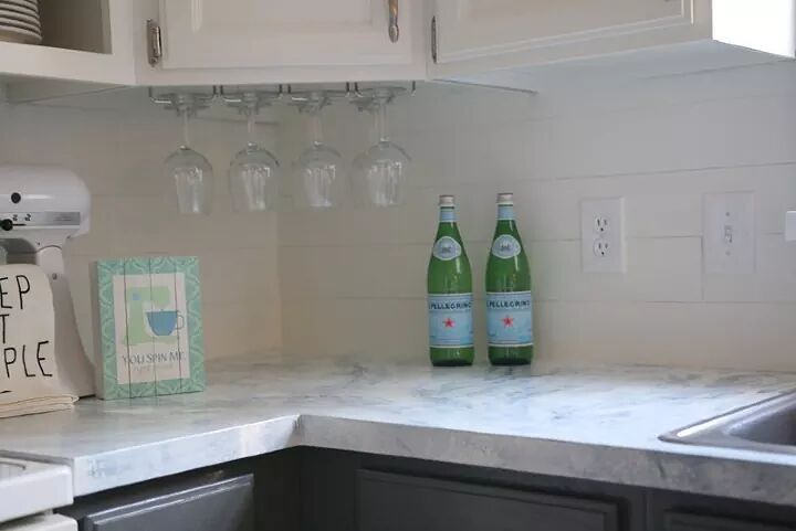 backsplash shiplap tile kitchen stick peel faux flooring countertops using painted marble diy vinyl aren paint wood countertop incredible hometalk