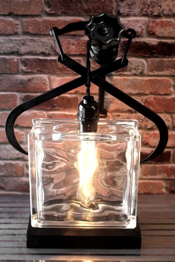 repurposed vintage ice clamp industrial glass block table lamp, diy, lighting, repurposing upcycling, Re purposed Lighting