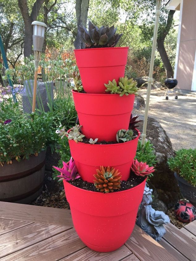 s 20 low maintenance container gardens for beginners, container gardening, gardening, Make a tower of succulents to maximize space