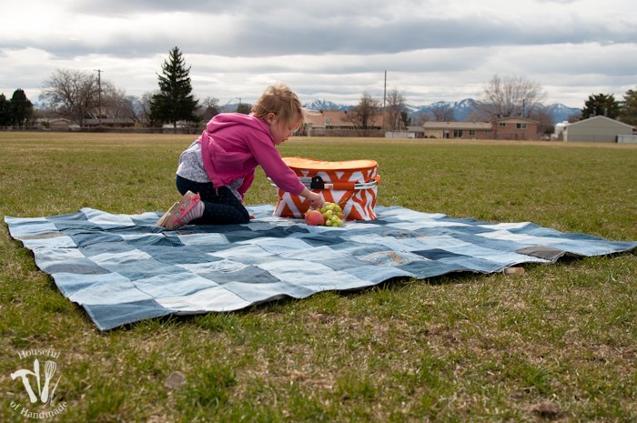 make an awesome water resistant picnic blanket from old jeans, outdoor living, repurposing upcycling, reupholster