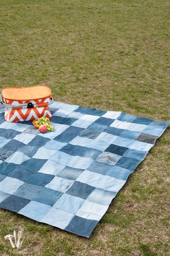 make an awesome water resistant picnic blanket from old jeans, outdoor living, repurposing upcycling, reupholster
