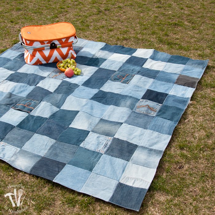 make an awesome water resistant picnic blanket from old jeans, outdoor living, repurposing upcycling, reupholster