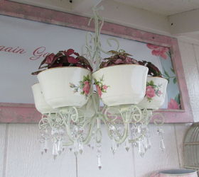 outdoor candle chandelier turned coffee cup planter, container gardening, gardening, repurposing upcycling, shabby chic
