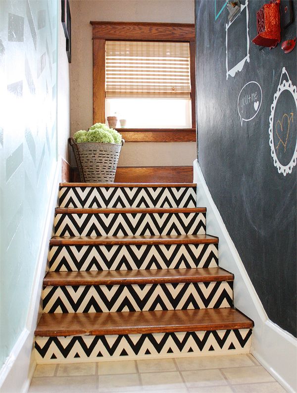 15 bold ways to redo your outdated staircase without remodeling, Paint the risers with bold chevron