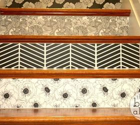 15 bold ways to redo your outdated staircase without remodeling, Cover risers in strips of wallpaper