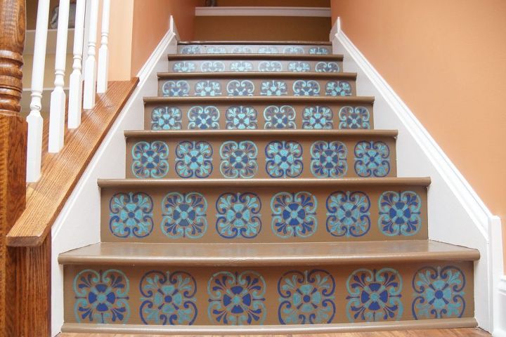 15 bold ways to redo your outdated staircase without remodeling, Stencil a delicate pattern on blank risers