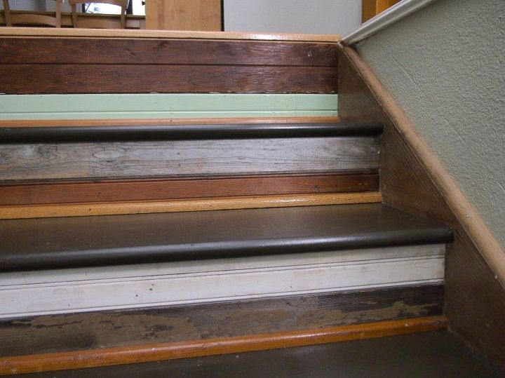 15 bold ways to redo your outdated staircase without remodeling, Use a mixture of salvaged stained wood