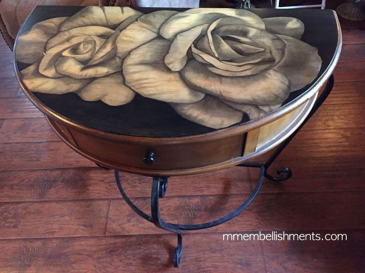 15 times stain stole the spotlight in a furniture flip, This table with huge unfurling roses