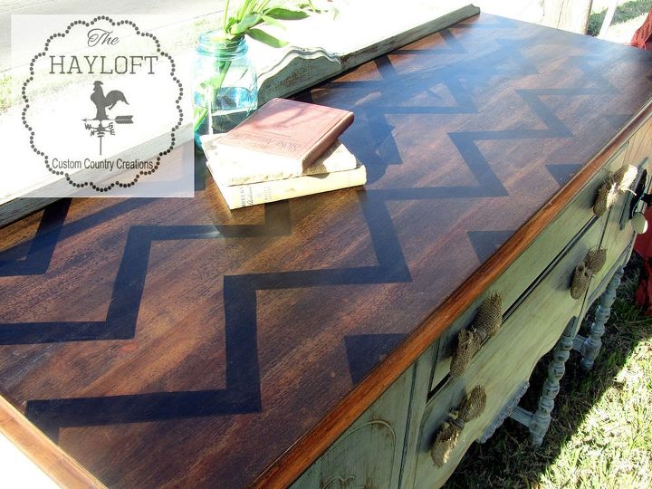 15 times stain stole the spotlight in a furniture flip, This dark chevron topped beauty