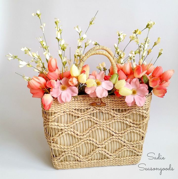 straw tote spring wreath door decor on the cheap, crafts, repurposing upcycling, seasonal holiday decor, wreaths