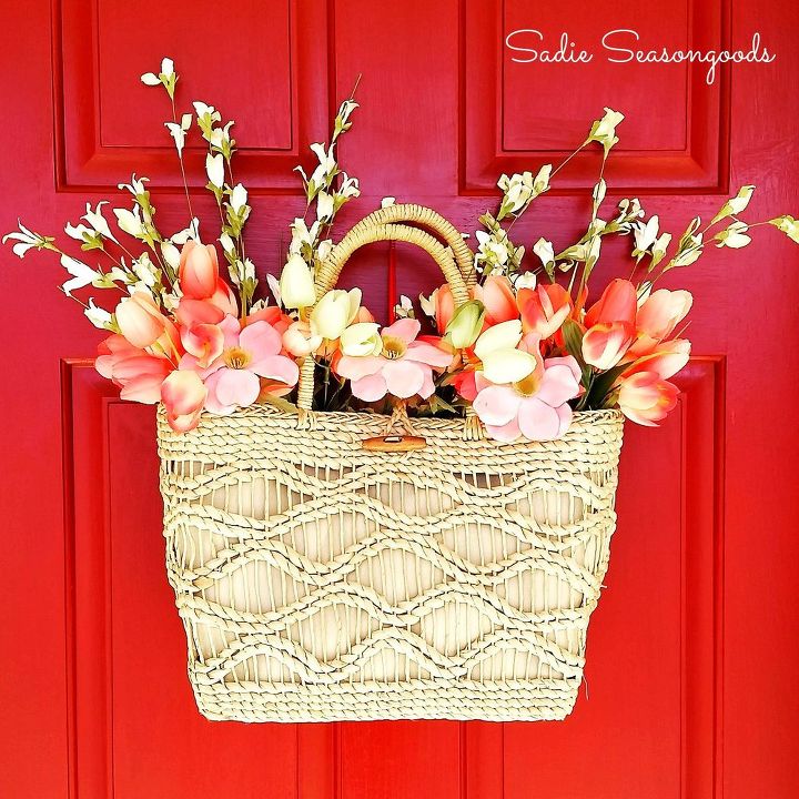 straw tote spring wreath door decor on the cheap, crafts, repurposing upcycling, seasonal holiday decor, wreaths