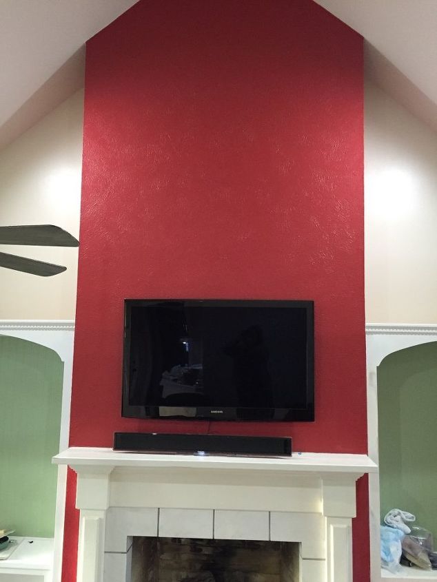 q not sure what to do with the antique red above gas fireplace, home decor, home decor dilemma, We painted inside of book shelves green to bring in some of the color of another room That area is not complete though when I get to it I m sure they ll be more questions to come