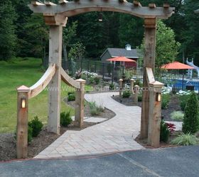 destination backyard poolside patio, concrete masonry, lighting, outdoor living, pool designs, Custom cedar arbor designed to fit area
