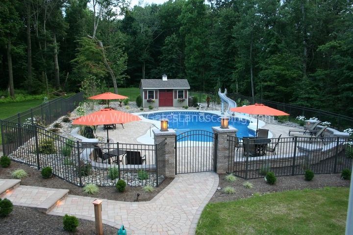 destination backyard poolside patio, concrete masonry, lighting, outdoor living, pool designs