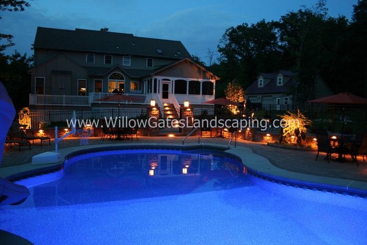 destination backyard poolside patio, concrete masonry, lighting, outdoor living, pool designs
