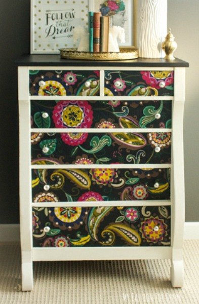 17 high end ways to use mod podge in your home, Cover an old dresser in colorful fabric