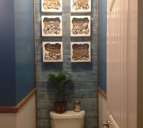 i first solo project guest bathroom blah to beachy, bathroom ideas, home maintenance repairs, paint colors, painting, Framed vacation mementos shells and such