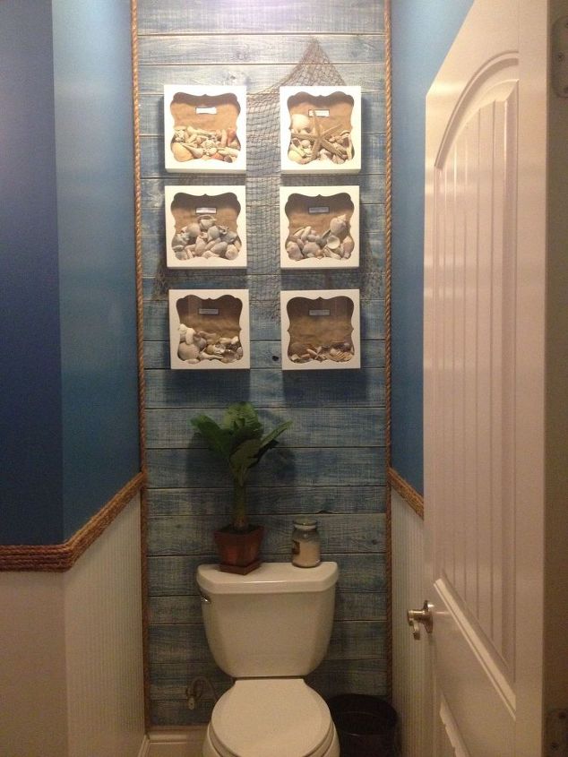 i first solo project guest bathroom blah to beachy, bathroom ideas, home maintenance repairs, paint colors, painting, Framed vacation mementos shells and such