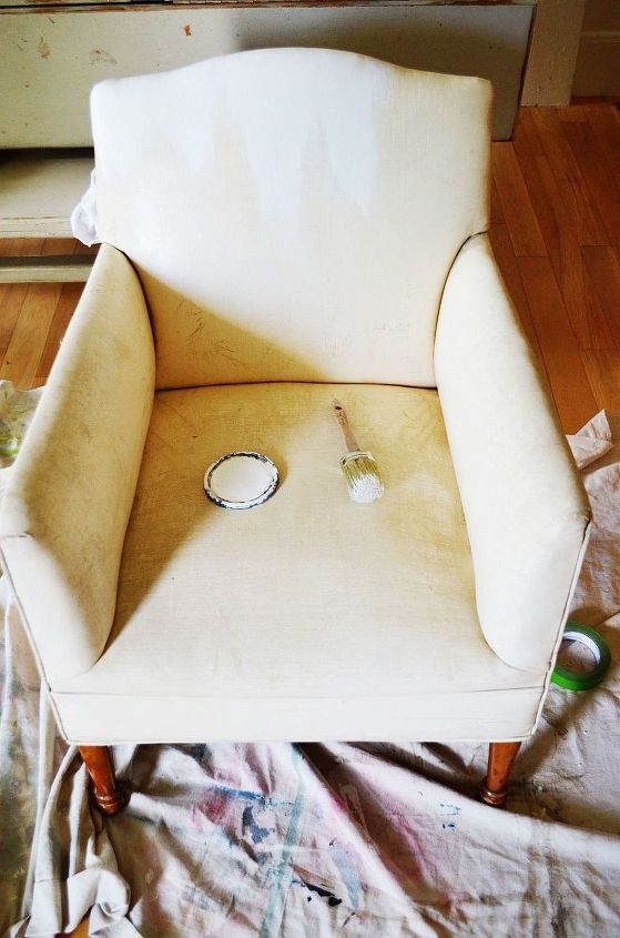 you can paint a vinyl upholstered chair with as chalk paint, chalk paint, painted furniture, Here is the before You can see the difference in color as I had already started painting I only did one coat of paint because it looked fine with only one coat It covered the grime and the rough cracks