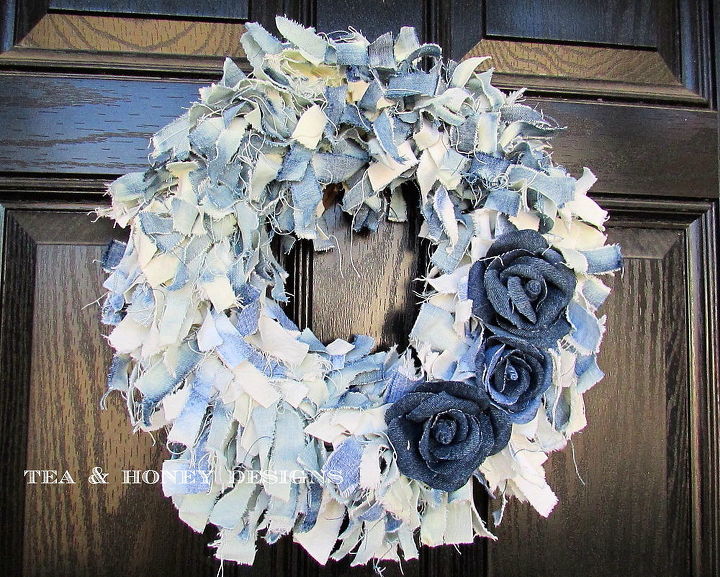 s 19 gorgeous reasons to dig your old jeans out of the closet, crafts, repurposing upcycling, Add a rag and rose wreath to your front door