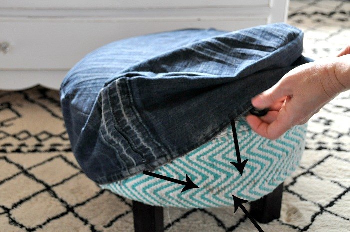 updated ottomans using old jeans, painted furniture, repurposing upcycling, reupholster