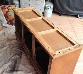 china hutch repurposed into a flat screen tv stand, Upside down legs need to be added