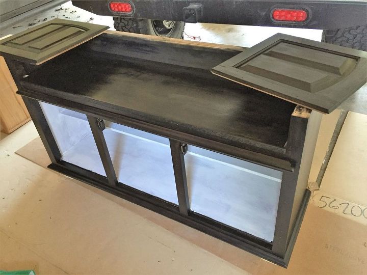 china hutch repurposed into a flat screen tv stand, Stained and priming