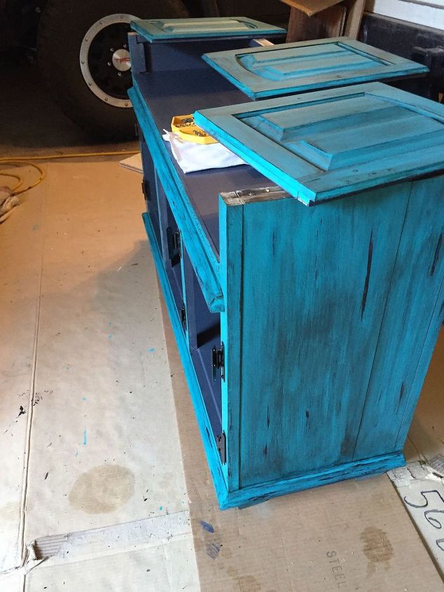 china hutch repurposed into a flat screen tv stand, Another look at the distressing