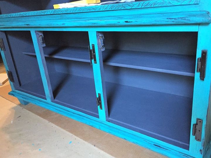 china hutch repurposed into a flat screen tv stand, Painted interior