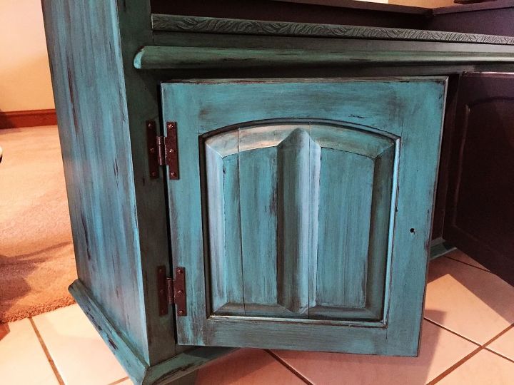 china hutch repurposed into a flat screen tv stand, Final colorwash and polycrylic coats