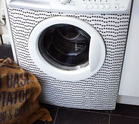 s 11 easy updates that will make you love your laundry room, laundry rooms, Dress up a tired machine with bold fabric