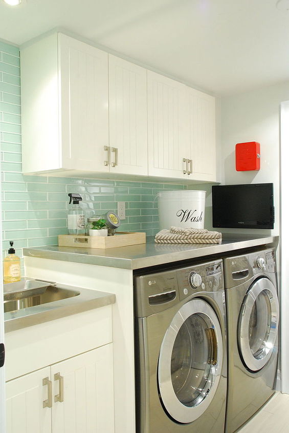 s 11 easy updates that will make you love your laundry room, laundry rooms, Stick up a tiled backsplash