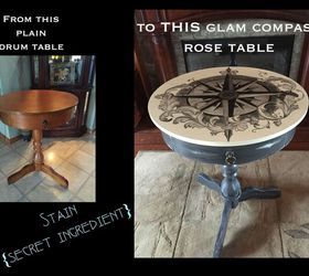 she uses stain to create a detailed artistic compass rose drum table, how to, painted furniture, shabby chic