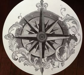 she uses stain to create a detailed artistic compass rose drum table, how to, painted furniture, shabby chic
