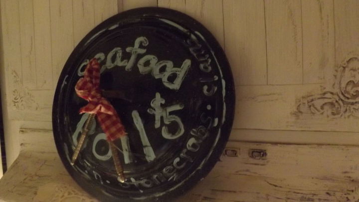 an old pot lid and vintage wood make cute homemade signs, crafts, repurposing upcycling, wall decor