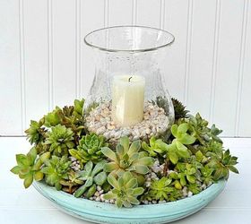 13 awesome ways to reuse a terra cotta saucer, Arrange a glowing succulent centerpiece