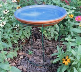 13 awesome ways to reuse a terra cotta saucer, Set one on a tomato cage as a bird bath