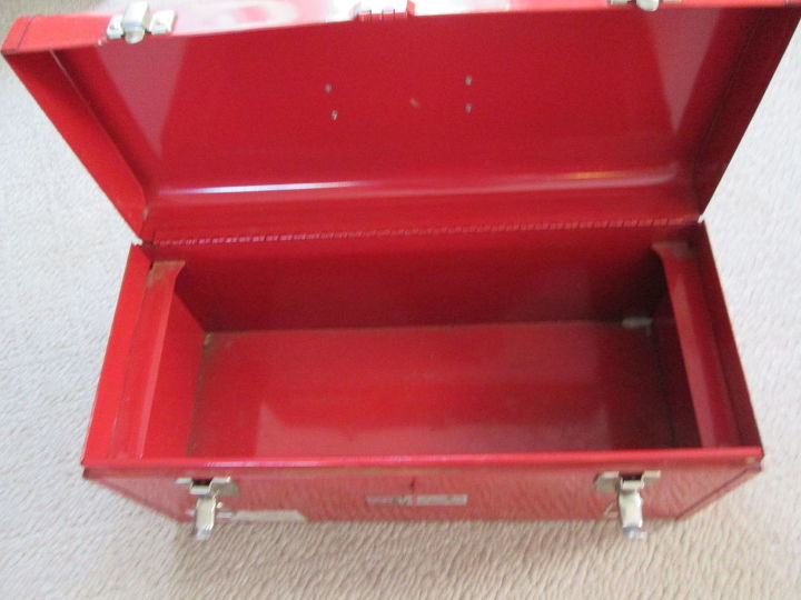 old tool box turned crafting wrapping station storage
