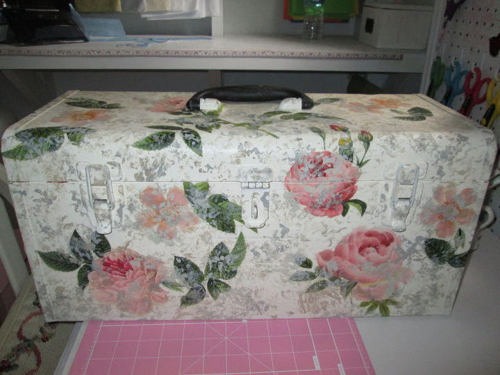 old tool box turned crafting wrapping station storage