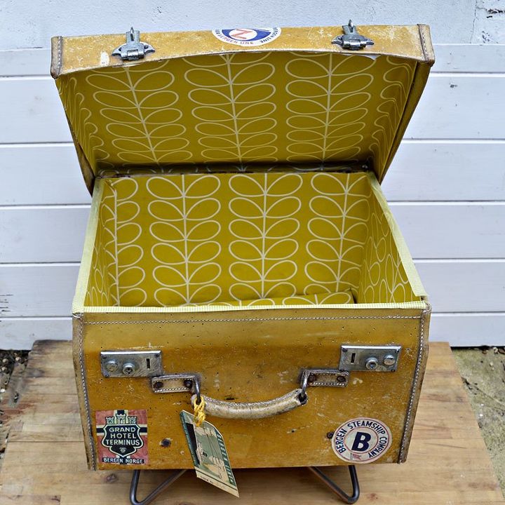 transform a vintage suitcase into side table with character, bedroom ideas, decoupage, repurposing upcycling, rustic furniture, storage ideas