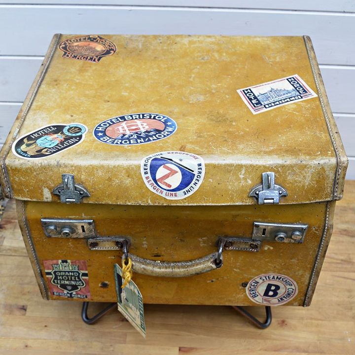 transform a vintage suitcase into side table with character, bedroom ideas, decoupage, repurposing upcycling, rustic furniture, storage ideas