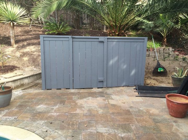 hiding an ugly shed that houses pool equipment , container gardening, flowers, gardening, outdoor furniture, outdoor living, pool designs, repurposing upcycling, succulents