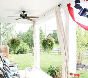 s 15 budget outdoor updates to turn your yard into a relaxing getaway, outdoor furniture, outdoor living, Hang drop cloth curtains on the porch for 10