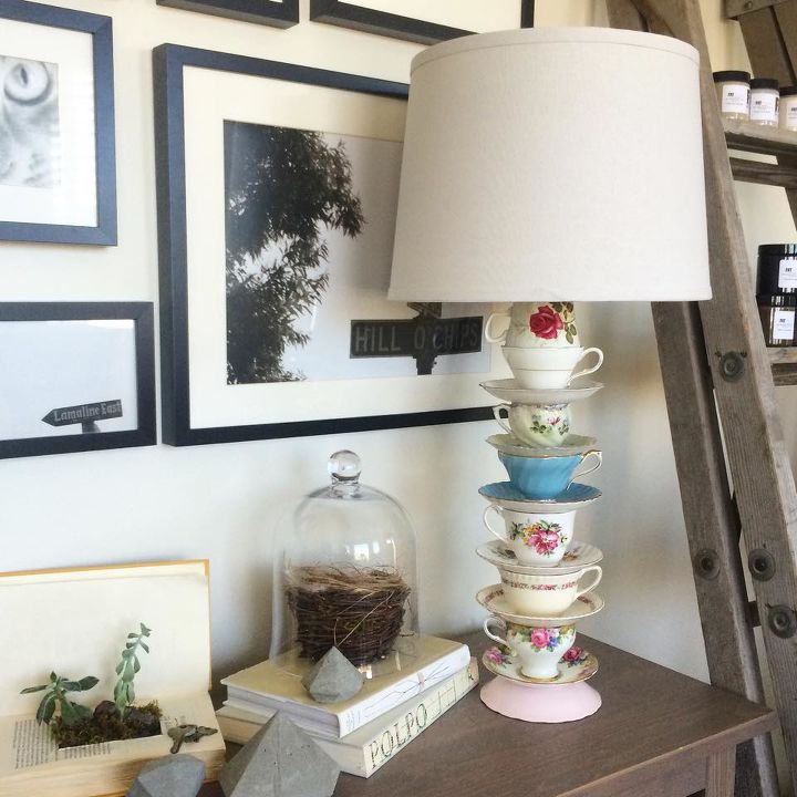 s don t ditch your broken teacups til you see what people do with them, repurposing upcycling, Stack cups and saucers into a whimsical lamp