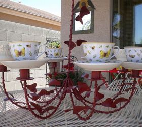 don t ditch your broken teacups til you see what people do with them, Use a whole set for an outdoor chandelier