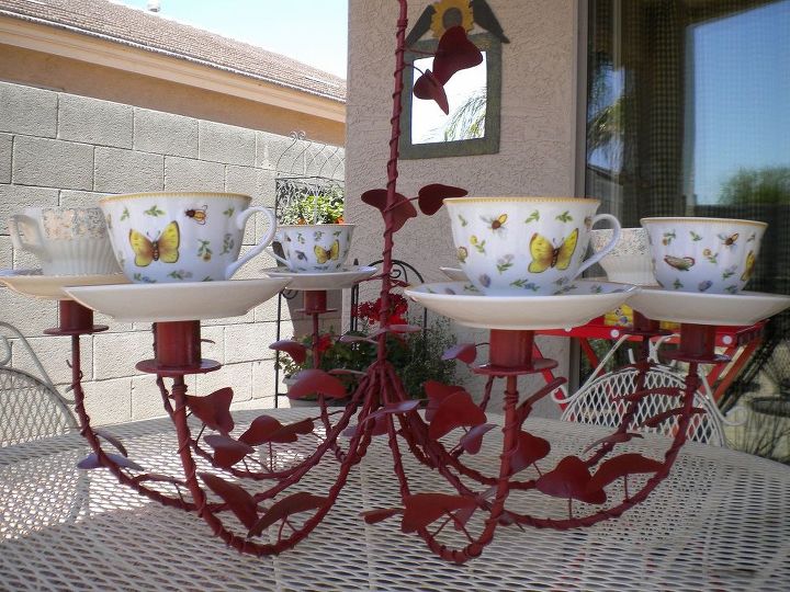 don t ditch your broken teacups til you see what people do with them, Use a whole set for an outdoor chandelier