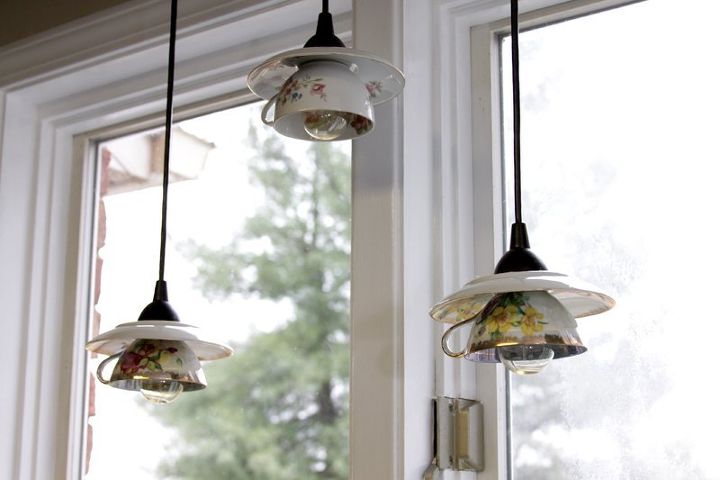 don t ditch your broken teacups til you see what people do with them, Or turn a whole set into many pendant lights