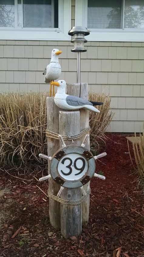 nautical lawn piling with seagulls solar light and address plaque