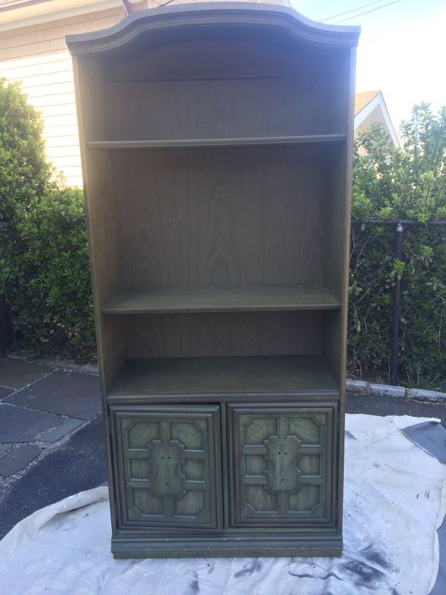 avocado green bookcase old world update, painted furniture